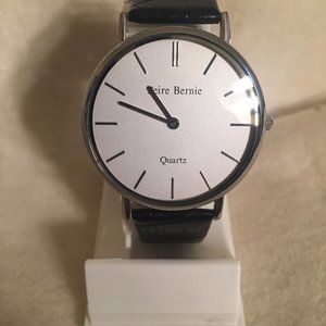 Peire Bernie Silver Tone Watch - Black Leather Band - New